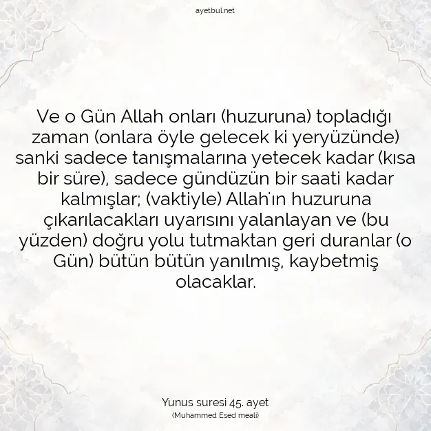 Ayetbul | Kuran Mealleri | Quran | Yunus suresi 45. ayet