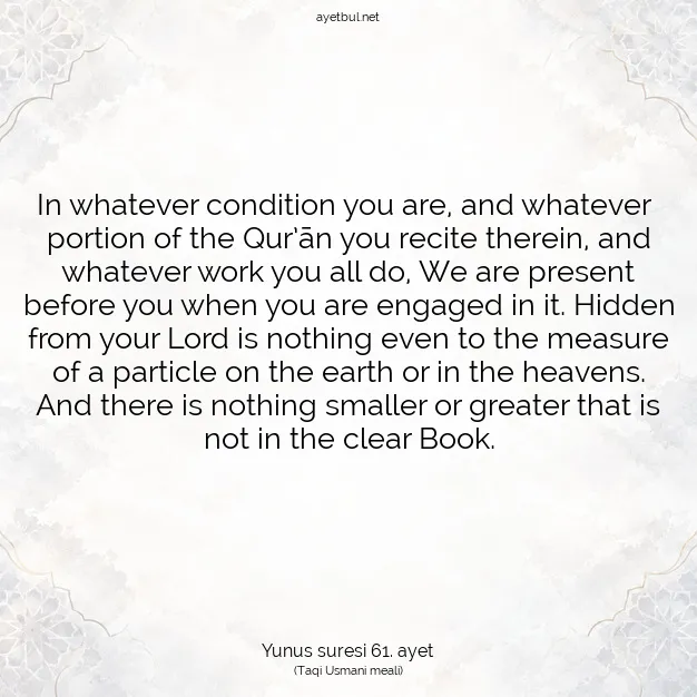 Ayetbul | Kuran Mealleri | Quran | Yunus suresi 61. ayet