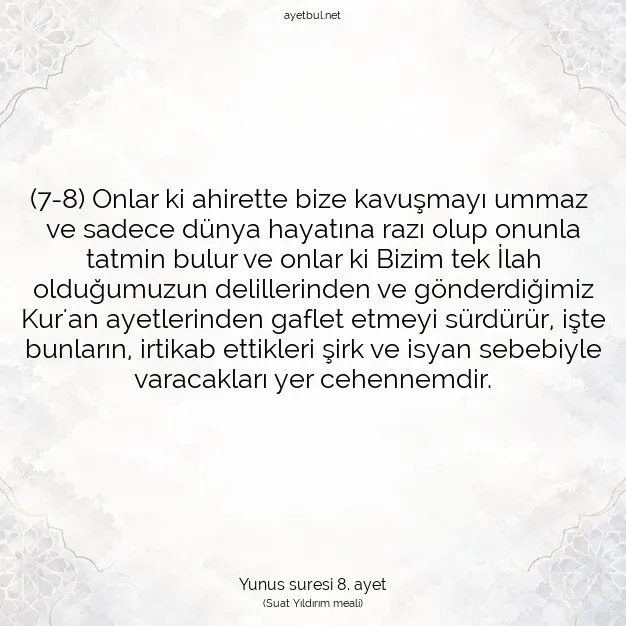 Ayetbul | Kuran Mealleri | Quran | Yunus suresi 8. ayet