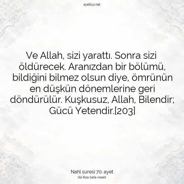 Ayetbul | Kuran Mealleri | Quran | Nahl suresi 70. ayet