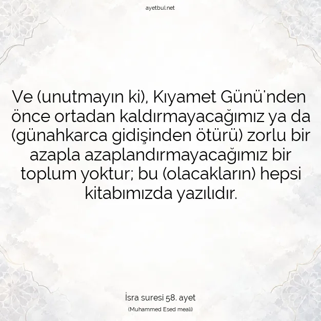 Ayetbul | Kuran Mealleri | Quran | İsra suresi 58. ayet