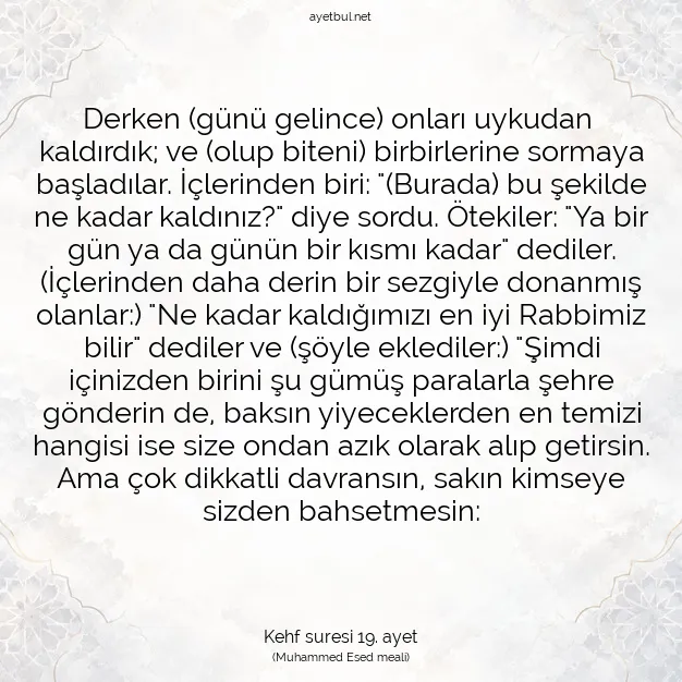 Ayetbul | Kuran Mealleri | Quran | Kehf suresi 19. ayet