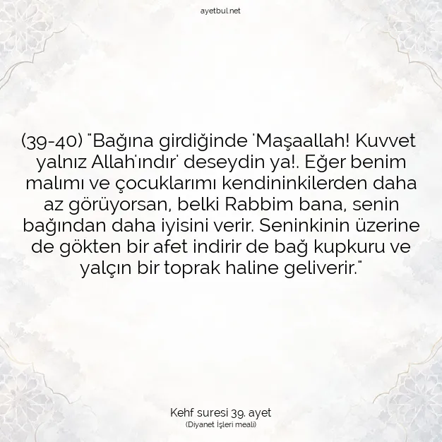 Ayetbul | Kuran Mealleri | Quran | Kehf suresi 39. ayet