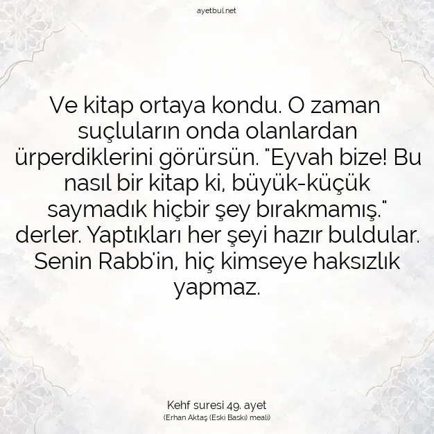 Ayetbul | Kuran Mealleri | Quran | Kehf suresi 49. ayet