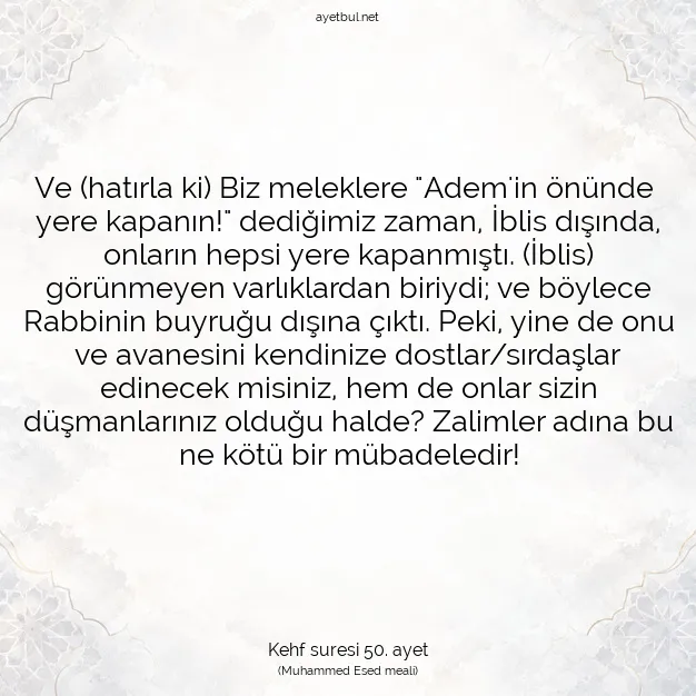 Ayetbul | Kuran Mealleri | Quran | Kehf suresi 50. ayet