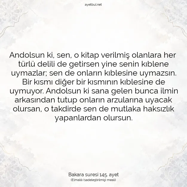 Ayetbul | Kuran Mealleri | Quran | Bakara suresi 145. ayet
