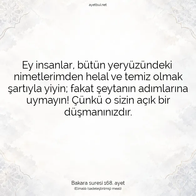 Ayetbul | Kuran Mealleri | Quran | Bakara suresi 168. ayet