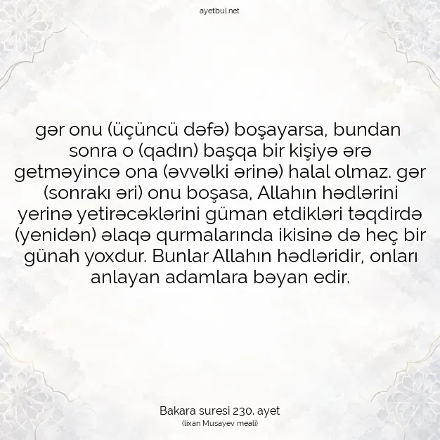 Ayetbul | Kuran Mealleri | Quran | Bakara suresi 230. ayet