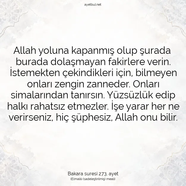 Ayetbul | Kuran Mealleri | Quran | Bakara suresi 273. ayet