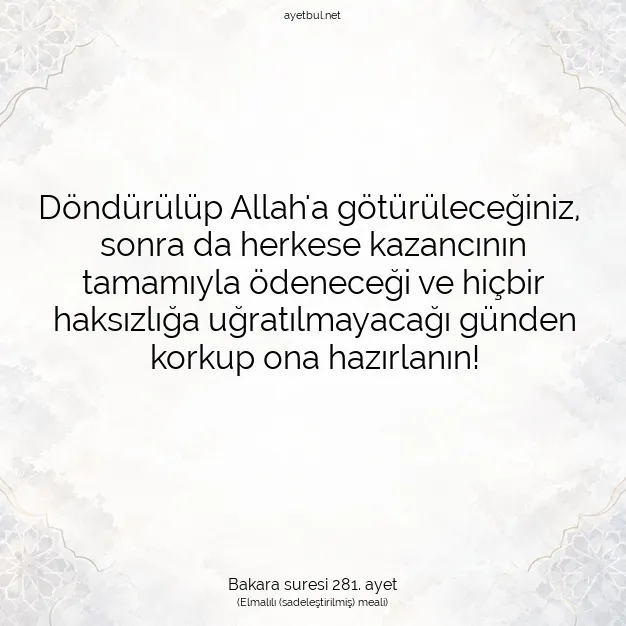 Ayetbul | Kuran Mealleri | Quran | Bakara suresi 281. ayet