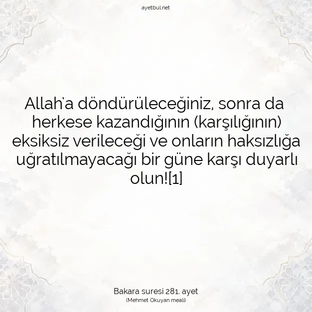 Ayetbul | Kuran Mealleri | Quran | Bakara suresi 281. ayet