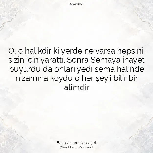 Ayetbul | Kuran Mealleri | Quran | Bakara suresi 29. ayet