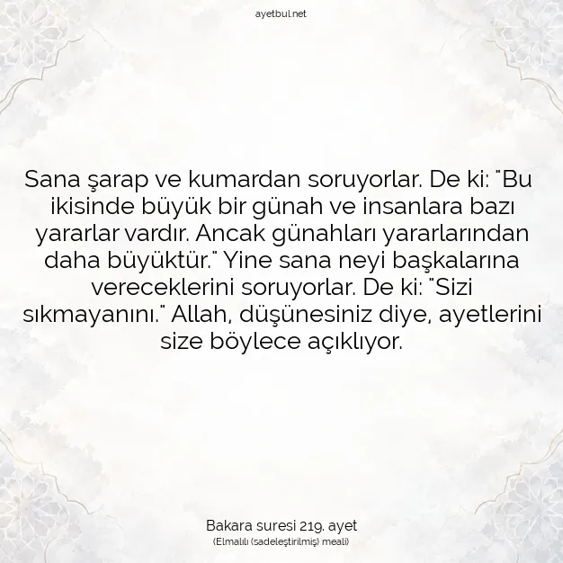 Ayetbul | Kuran Mealleri | Quran | Bakara suresi 219. ayet