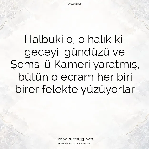 Ayetbul | Kuran Mealleri | Quran | Enbiya suresi 33. ayet