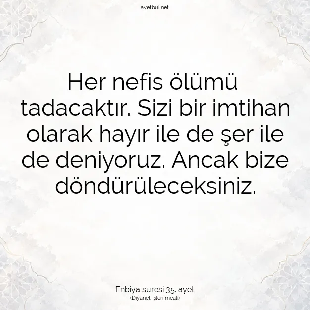 Ayetbul | Kuran Mealleri | Quran | Enbiya suresi 35. ayet