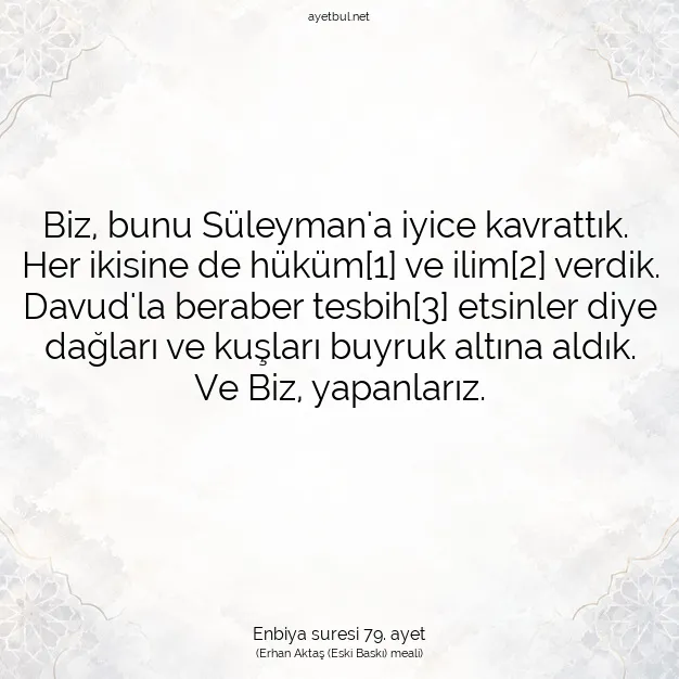 Ayetbul | Kuran Mealleri | Quran | Enbiya suresi 79. ayet