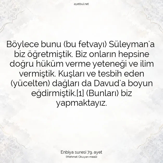 Ayetbul | Kuran Mealleri | Quran | Enbiya suresi 79. ayet