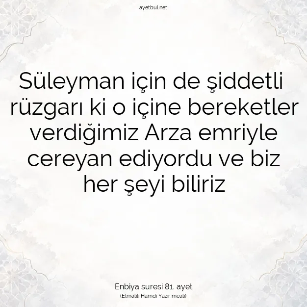 Ayetbul | Kuran Mealleri | Quran | Enbiya suresi 81. ayet