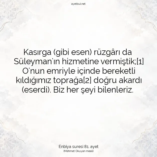 Ayetbul | Kuran Mealleri | Quran | Enbiya suresi 81. ayet