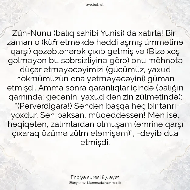 Ayetbul | Kuran Mealleri | Quran | Enbiya suresi 87. ayet