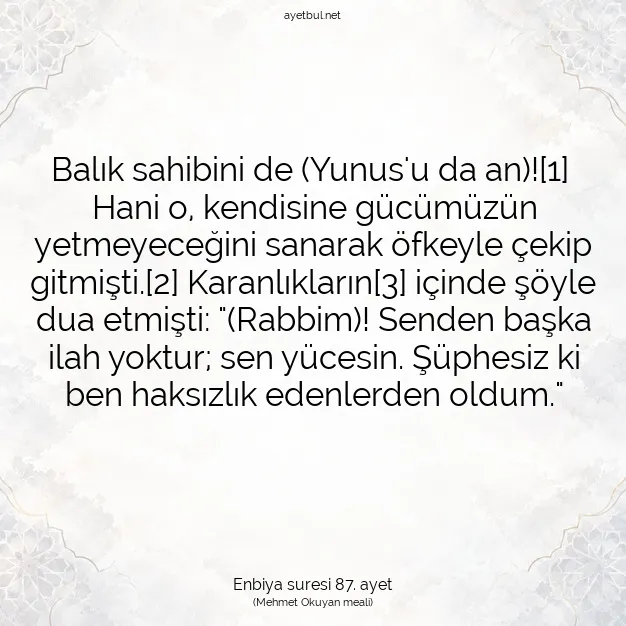 Ayetbul | Kuran Mealleri | Quran | Enbiya suresi 87. ayet