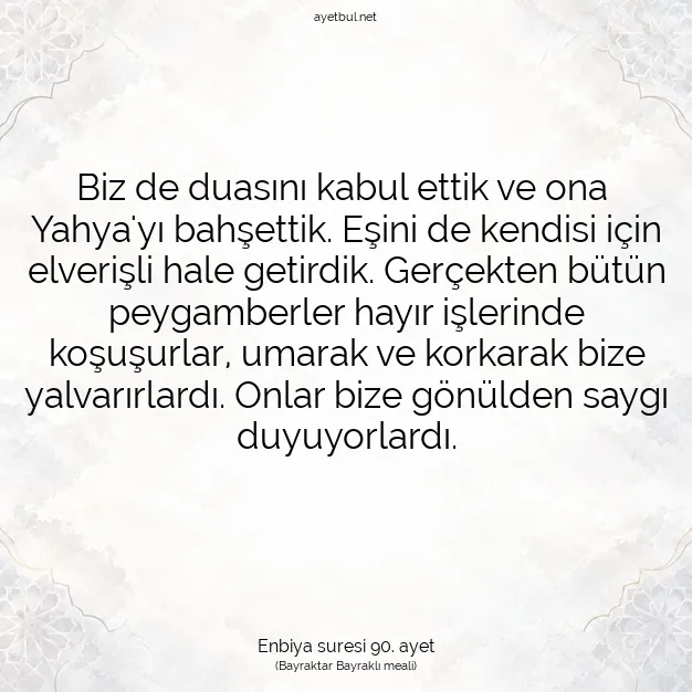 Ayetbul | Kuran Mealleri | Quran | Enbiya suresi 90. ayet