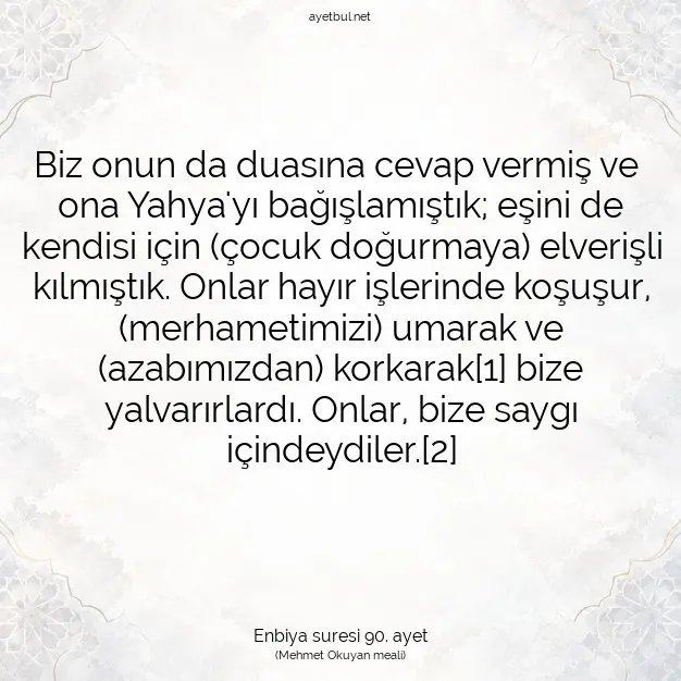 Ayetbul | Kuran Mealleri | Quran | Enbiya suresi 90. ayet