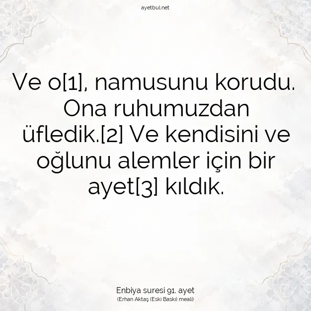 Ayetbul | Kuran Mealleri | Quran | Enbiya suresi 91. ayet
