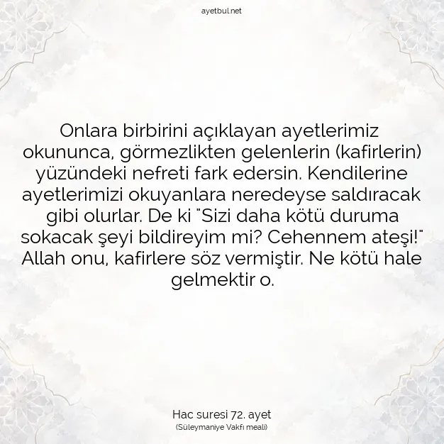 Ayetbul | Kuran Mealleri | Quran | Hac suresi 72. ayet