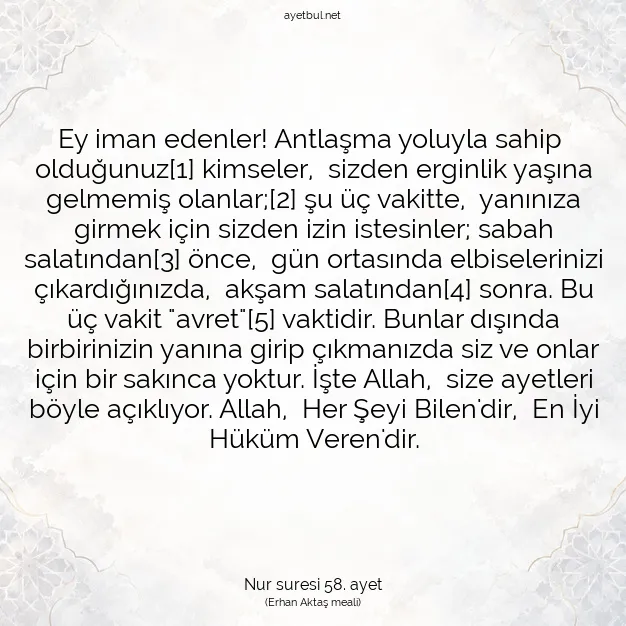 Ayetbul | Kuran Mealleri | Quran | Nur suresi 58. ayet