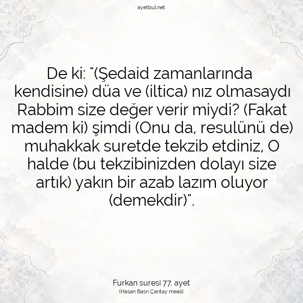 Ayetbul | Kuran Mealleri | Quran | Furkan suresi 77. ayet