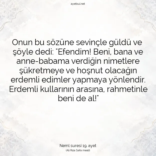 Ayetbul | Kuran Mealleri | Quran | Neml suresi 19. ayet