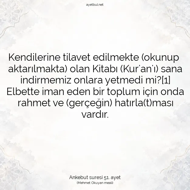 Ayetbul | Kuran Mealleri | Quran | Ankebut suresi 51. ayet