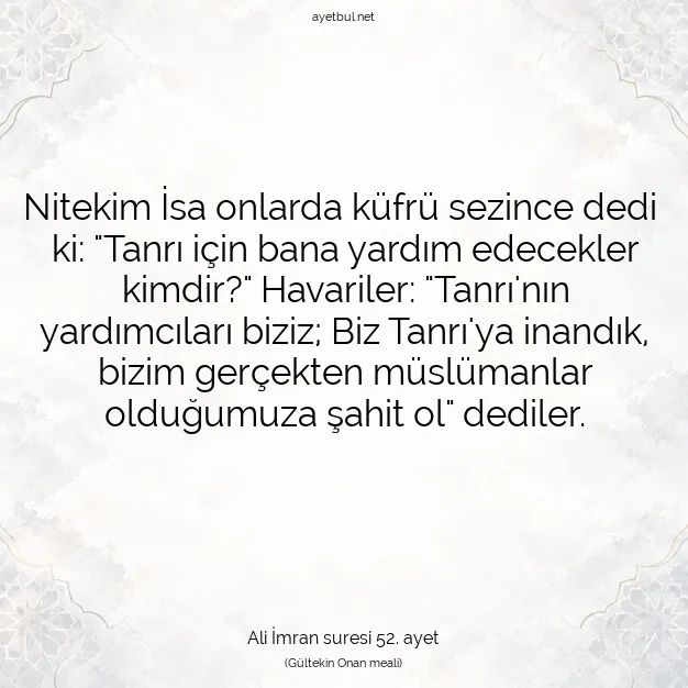 Ayetbul | Kuran Mealleri | Quran | Ali İmran suresi 52. ayet