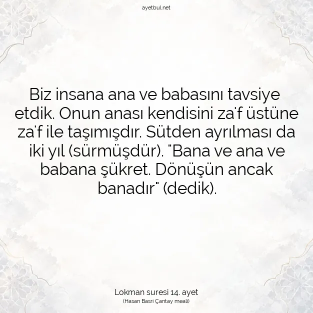 Ayetbul | Kuran Mealleri | Quran | Lokman suresi 14. ayet