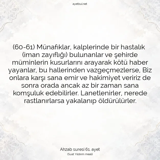 Ayetbul | Kuran Mealleri | Quran | Ahzab suresi 61. ayet
