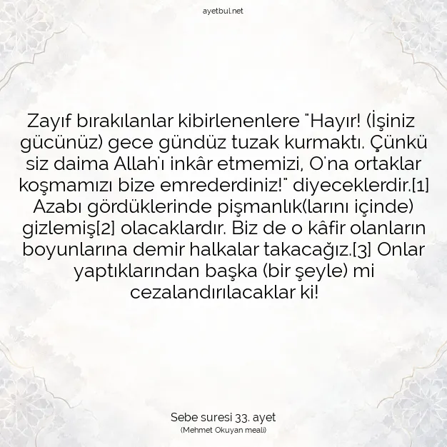 Ayetbul | Kuran Mealleri | Quran | Sebe suresi 33. ayet