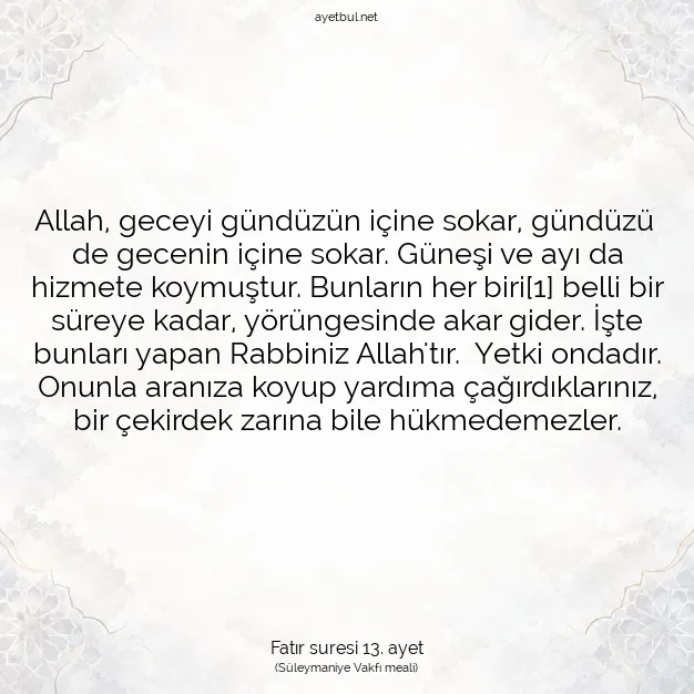 Ayetbul | Kuran Mealleri | Quran | Fatır suresi 13. ayet