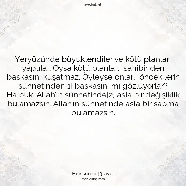 Ayetbul | Kuran Mealleri | Quran | Fatır suresi 43. ayet