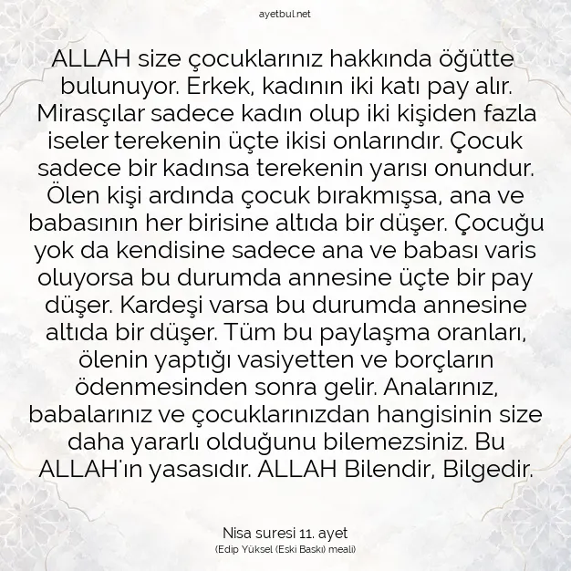 Ayetbul | Kuran Mealleri | Quran | Nisa suresi 11. ayet