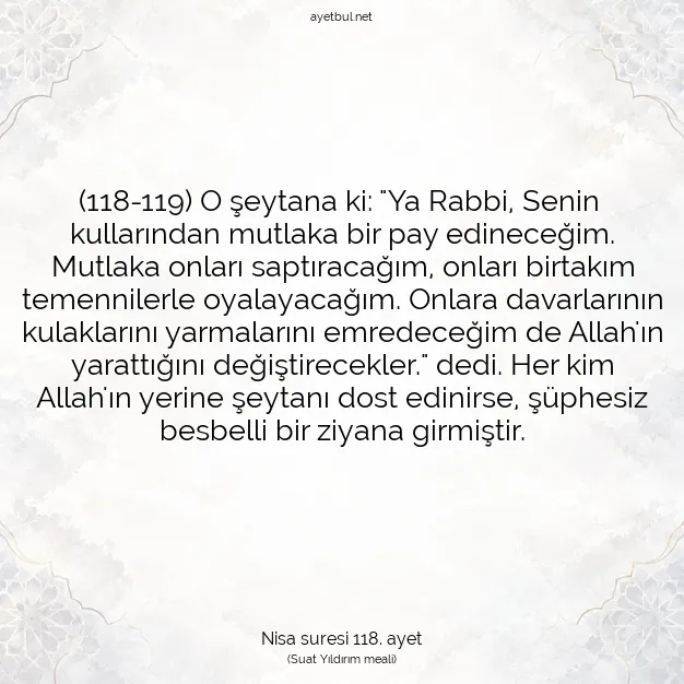 Ayetbul | Kuran Mealleri | Quran | Nisa suresi 118. ayet