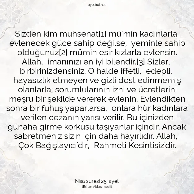 Ayetbul | Kuran Mealleri | Quran | Nisa suresi 25. ayet