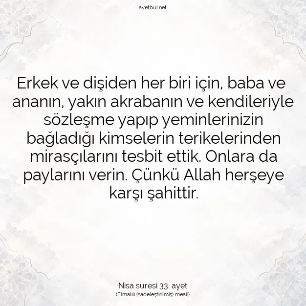 Ayetbul | Kuran Mealleri | Quran | Nisa suresi 33. ayet