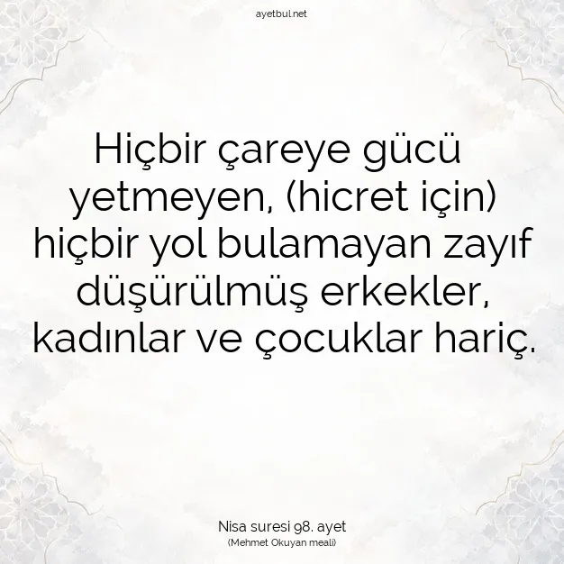 Ayetbul | Kuran Mealleri | Quran | Nisa suresi 98. ayet
