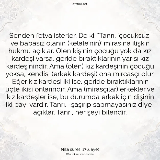 Ayetbul | Kuran Mealleri | Quran | Nisa suresi 176. ayet