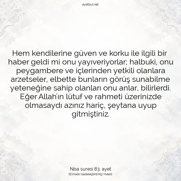 Ayetbul | Kuran Mealleri | Quran | Nisa suresi 83. ayet