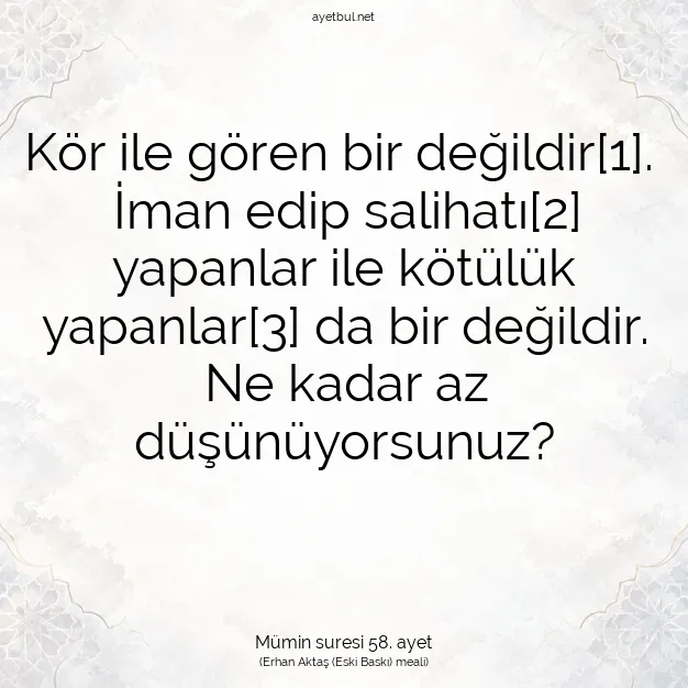 Ayetbul | Kuran Mealleri | Quran | Mümin suresi 58. ayet