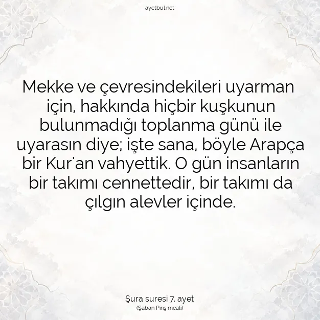 Ayetbul | Kuran Mealleri | Quran | Şura suresi 7. ayet