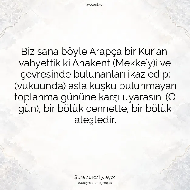 Ayetbul | Kuran Mealleri | Quran | Şura suresi 7. ayet