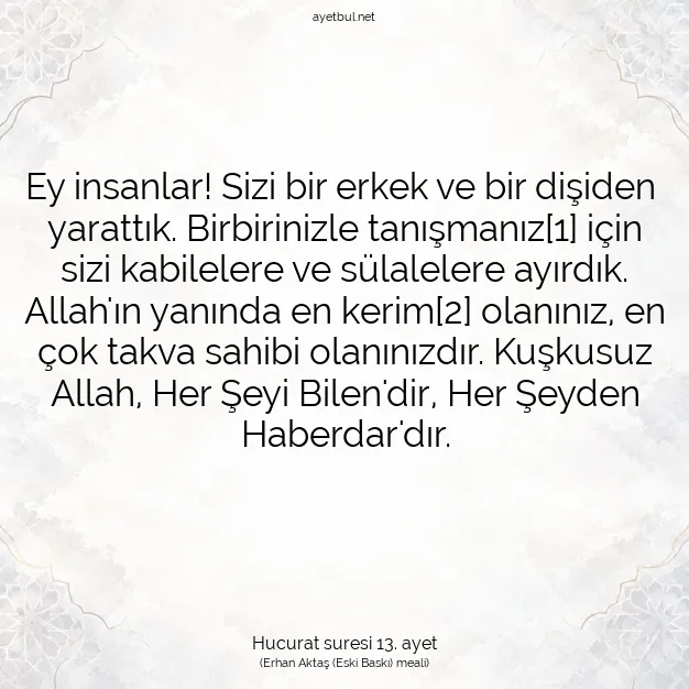 Ayetbul | Kuran Mealleri | Quran | Hucurat suresi 13. ayet